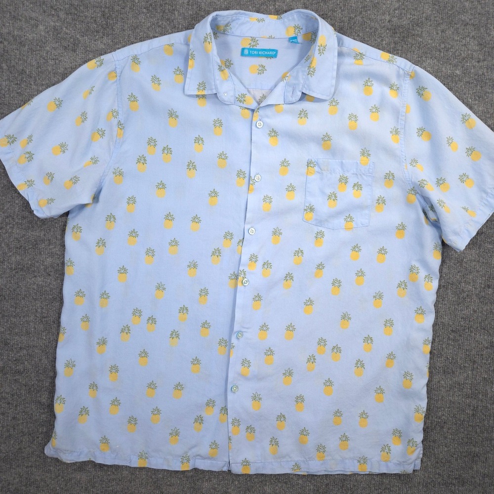 Tori Richard Shirt Mens XL Blue Hawaiian Pineapple All Over Print AOP‎ Lyocell